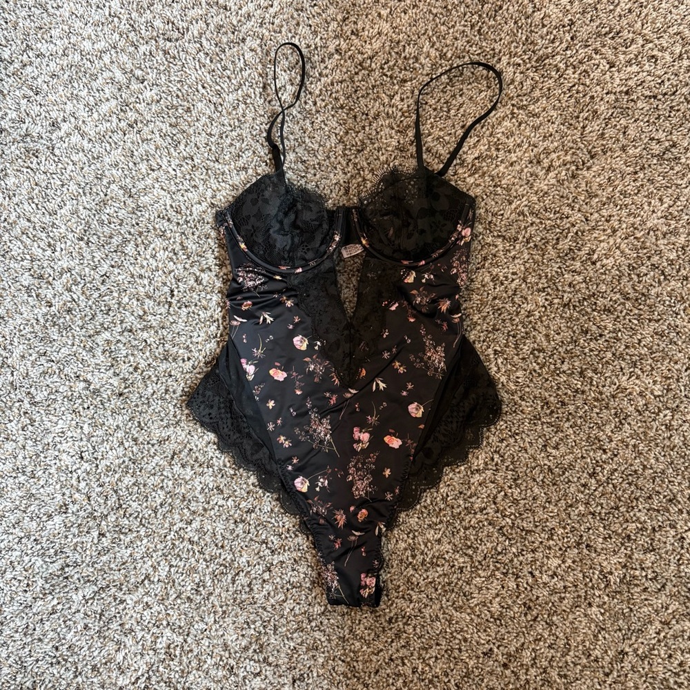 Victoria's Secret Black and Pink Floral Lace Lingerie Bodysuit - Small